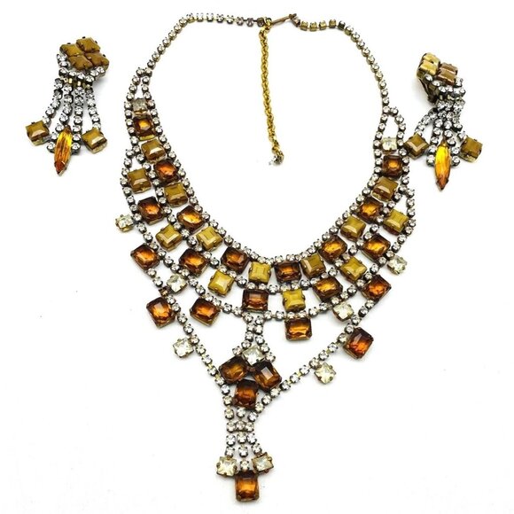 HUSAR D Vintage Rhinestone Jewelry Set Gold Tone Collar Necklace and Earrings - Picture 1 of 15